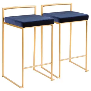 Daggett 68.5cm Bar Stool (Set of 2) Gold / Blue Velvet / Counter Stool (27" Seat Height)