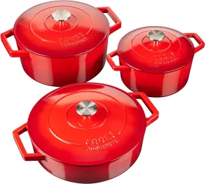 Cast Iron Casserole Set of 3 20 cm 26cm & 28cm / 2.8L 4.3L & 5.8L Dishes Oven Proof Enamelled Cast Iron Pans with Lids