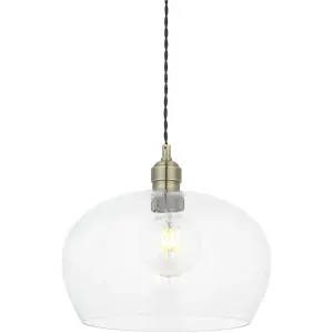 Hanging Ceiling Pendant Light - Medum Antique Brass Plate & Clear Glass - 10W LED E27