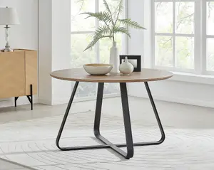 Furniturebox UK Santorini Brown Round Round Dining Table And 4 Grey Milan Black Leg Chairs