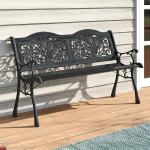 Black Rustproof Wood Wrought Iron Garden Bench with Backrest