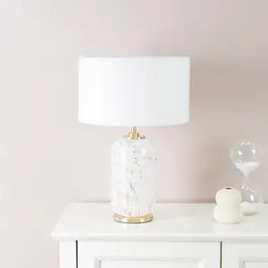 ValueLights India Gold Metal and White Confetti Glass Table Lamp with White Drum Lampshade