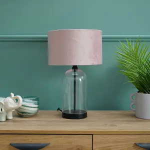 ValueLights Jessy Glass and Black Metal Bedside Table Lamp with a Blush Pink Velvet Lampshade