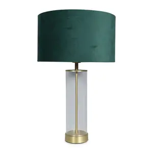 Simonetta Matt Gold and Clear Tube Table Lamp with Blush Velvet Reni Shade and 6W GLS Warm White Bulb Gold / Forest Green / No