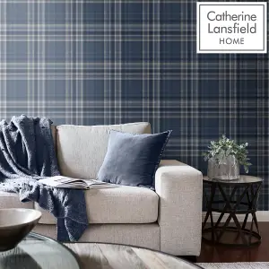 Catherine Lansfield Blue Check Metallic effect Embossed Wallpaper