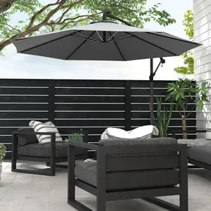 Outsunny 3(m) LED Patio Banana Umbrella Cantilever Parasol w/ Crank, Grey