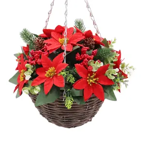 Pair of Best Artificial 28cm Red Poinsettia Christmas Hanging Basket - Suitable for Outdoor Use - Weather & Fade Resistant