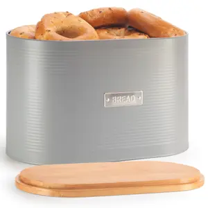 EHC Space Saving Extra Large Bread Box Bin With Bamboo Lid For Kitchen Storage, Grey, 8 L, L 34 x W18 x H21cm