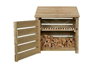 Slatted wooden log store with door and kindling shelf W-119cm, H-126cm, D-88cm - natural (light green) finish