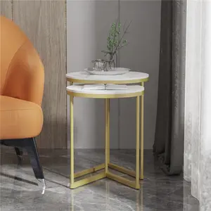 2 Piece Marble Nest Of Coffee Tables Round Top End Table Sofa Side Table Set