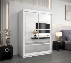 Roma II White Elegant Sliding Door Wardrobe H2000mm W1500mm D620mm with Mirrored Panels and Silver Handles