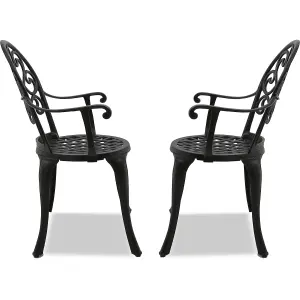 Homeology Prego 2-Large Garden and Patio Bistro Chairs with Armrests in Cast Aluminium Black