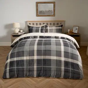 Tartan Fleece Duvet Cover Bedding Check Sherpa Soft Set, Grey - King