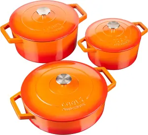 Cast Iron Casserole Set of 3 20 cm 26cm & 28cm / 2.8L 4.3L & 5.8L Dishes Oven Proof Enamelled Cast Iron Pans with Lids