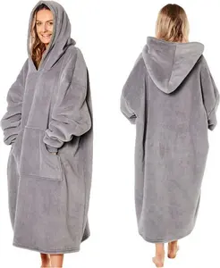 Sienna Extra Long Oversized Blanket Hoodie Wearable Throw With Pockets Sleeves Soft Sherpa Fleece Wearable Throw Giant Sweatshirt, Charcoal Grey