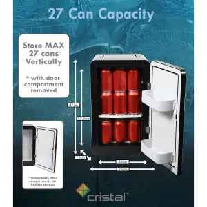 Cristal 16L Compact Mini Cooler Fridge with Built-in 12V Adapter - Black