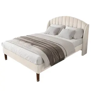 Double Bed-4ft6(135x190cm),with Slatted Frame and Headboard, Youth Bed, Wooden Slatted Support, Easy Assembly, Velvet, Beige 