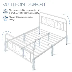 Yaheetech White 4ft6 Double Metal Bed Frame with Diamond Pattern Headboard and Footboard