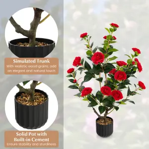 Costway Artificial Camellia Tree Faux Flower Plant Artificial Tree in Cement Pot Greenery Potted Plant Free Maintenance