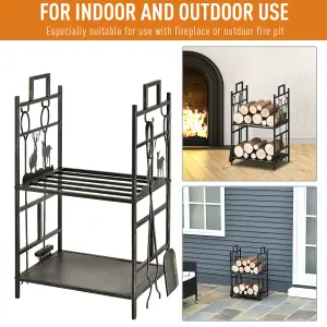 Outsunny 2-Tier Wrought Iron Firewood Holder w/ 4 Tools Handles Heavy Duty Rack