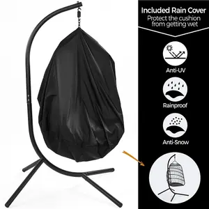 Yaheetech Black Foldable PE Rattan Hanging Chair with Cushion & Pillow & Rain Cover for Garden