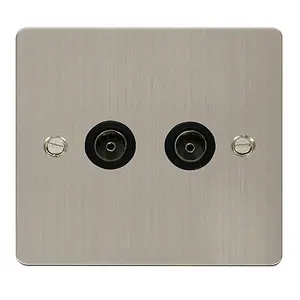 Flat Plate Stainless Steel 2 Gang Twin Coaxial TV Socket - Black Trim - SE Home