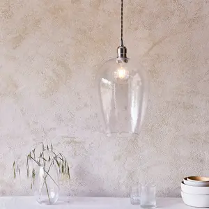 Luminosa Livorno Dome Pendant Ceiling Light Bright Nickel Plate, Clear Hammered Glass