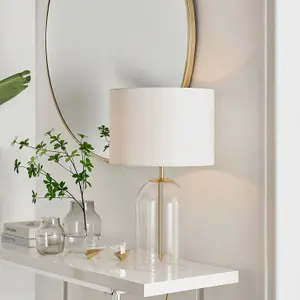 NORA Contemporary Clear Glass Table Lamp With Gold Chrome Details and White Shade Including A Rated Energy Efficient LED Bulb