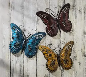 3 x Butterfly Wall or Fence Ornaments - Weather Resistant Metal Colourful Home or Garden Decorations - Each H45 x W36cm