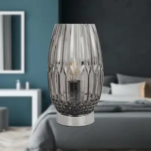 First Choice Lighting Facet Chrome with Smoke Faceted Glass Table Lamp