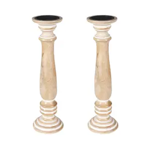 SET OF 2 Rustic Antique Carved Wooden Pillar Church Candle Holder, Beige,Large 31cm