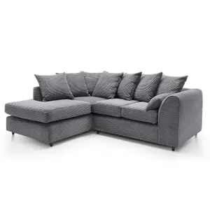 Jumbo Grey Cord Left Facing Corner Sofa for Living Room with Thick Luxury Deep Filled Cushioning