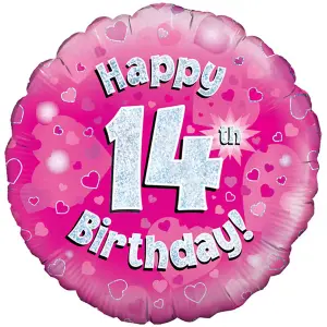 Oaktree 18 Inch Happy 14th Birthday Pink Holographic Balloon Pink/Silver (One Size)