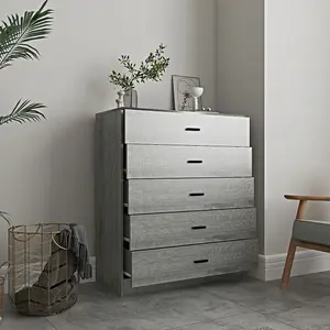 URBNLIVING Height 90cm 5 Drawer Wooden Bedroom Chest Cabinet Modern Ash Grey Carcass and Ash Grey Drawers Wide Storage Cupboard