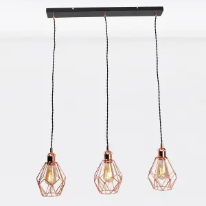 First Choice Lighting Set of 2 Matt Black & Copper Geometric 3 Light Bar Pendants