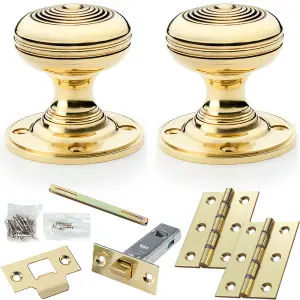 Mortice Door Knob & Latch Pack - Polished Brass - 50mm Smooth Ringed On Round Rose