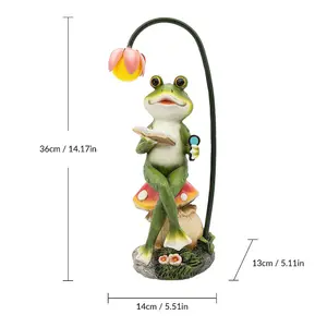 GardenKraft 10949 Solar Powered Light-Up Frog Reading On A Mushroom Garden Ornament