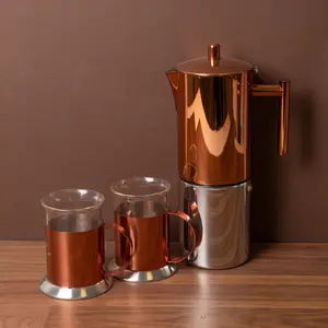 3pc Espresso Set including 10-Cup Copper Espresso Coffee Maker and Two Coffee Mugs