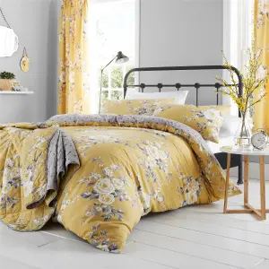 Catherine Lansfield Bedroom Canterbury Floral Quilted 220x230cm Bedspread Ochre