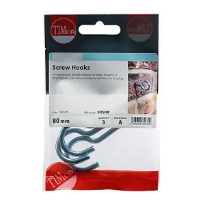 Timco - Screw Hooks - Zinc (Size 80mm - 3 Pieces)