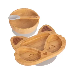 Tiny Dining - Children's Bamboo Suction Fox Dinner Set - Grey