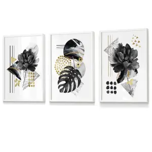 Set of 3 Abstract Black and Gold Botanical Wall Art Prints / 30x42cm (A3) / White Frame