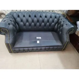 Chesterfield 2 Seater Shelly Black Real Leather Sofa Bespoke In Buckingham Style