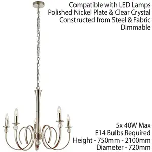 Luxury Hanging Ceiling Pendant Light Bright Nickel & Crystal 5 Lamp Chandelier