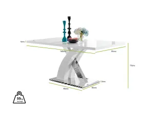 Atlanta White High Gloss and Chrome 6 Seater Dining Table with Statement X Shaped Legs and 6 Mustard Faux Leather Milan Chairs