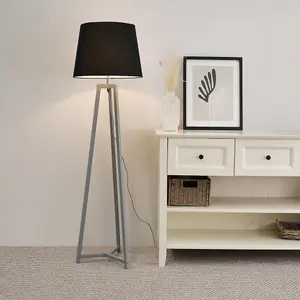 ValueLights Lottie Grey Wood Tripod Floor Lamp with Black Tapered Shade