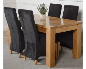 Dakota 152 x 87 cm Chunky Medium Oak Dining Table and 4 Chairs Dining Set with Lola Black Fabric Chairs