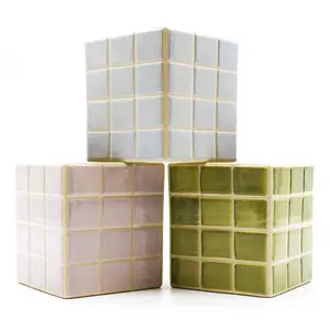 Set of 3 Cool Pastel Tile Design Ceramic Planters with Tray