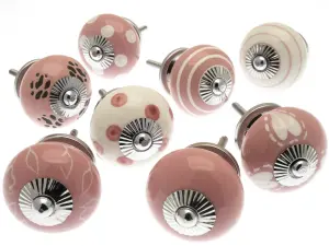 MangoTreeKnobs - Mixed Set of Pink & White Ceramic Cupboard Knobs x Pack 8 (MG-132)