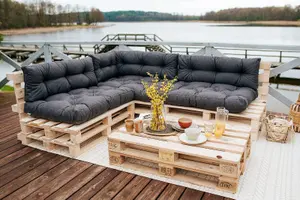 Garden Outdoor Pallet Cushion Set EURO Sofa Grey Tufted Quilted Seat + Back Pad